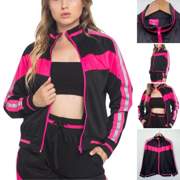 Victorious Colorblock Reflective Neon Stripe Band Jacket Activewear Zip Pockets - Picture 7 of 11